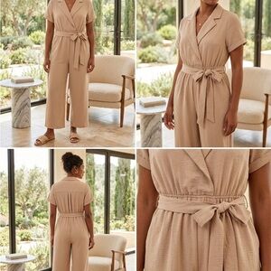 Monteau Beige Short-Sleeve Tie-Waist Jumpsuit